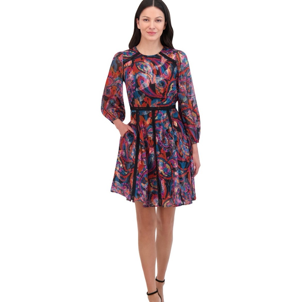Vince Camuto Vibrant Multicolor Metallic 3/4 Long Sleeve Pockets Dress Size 6